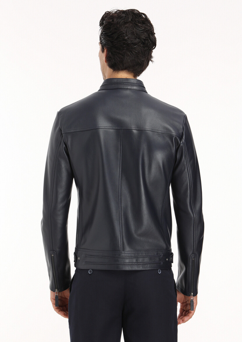 Navy Blue Regular Fit Turtleneck Casual Leather Leather Coat - 6