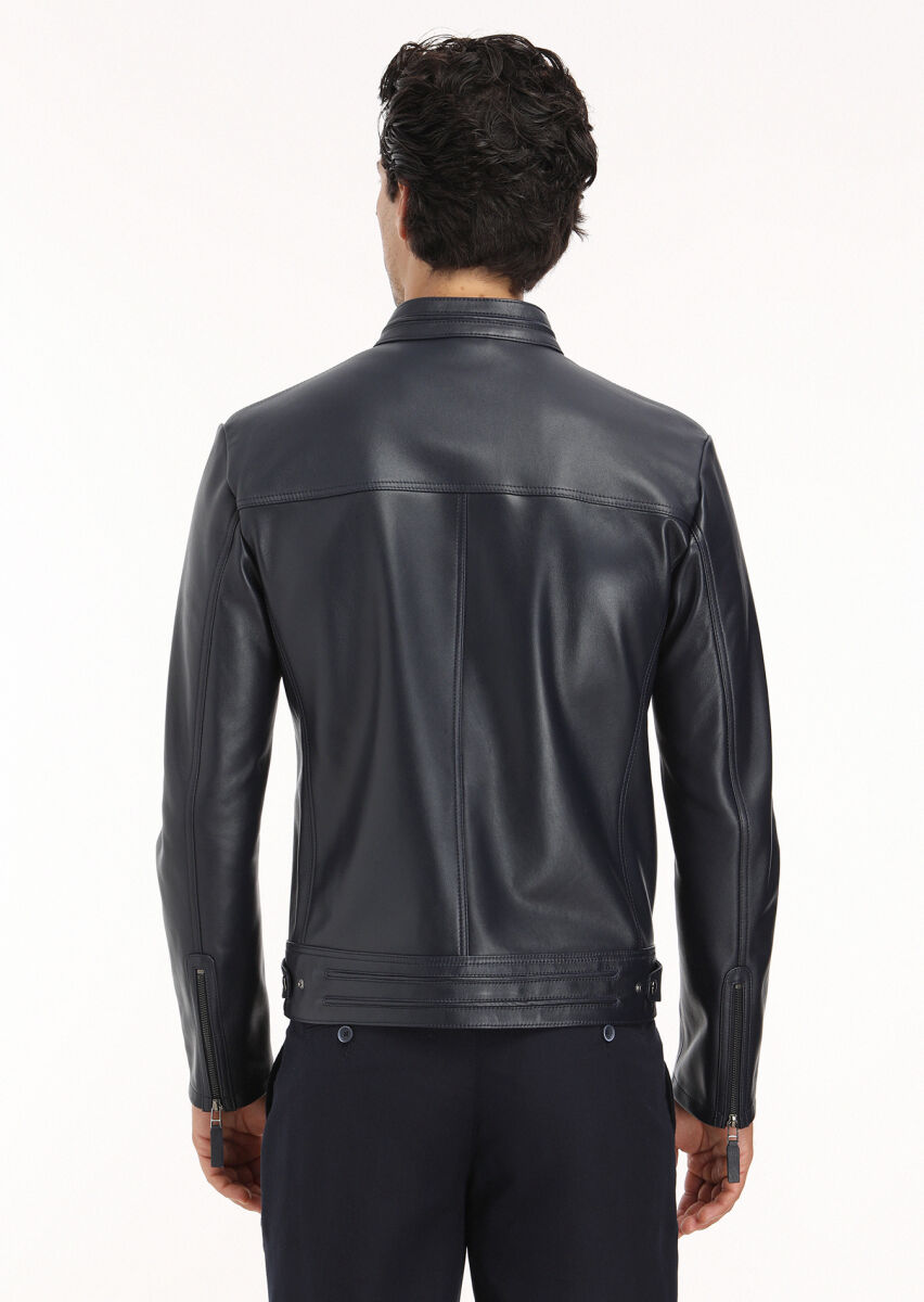 Navy Blue Regular Fit Turtleneck Casual Leather Leather Coat - 6