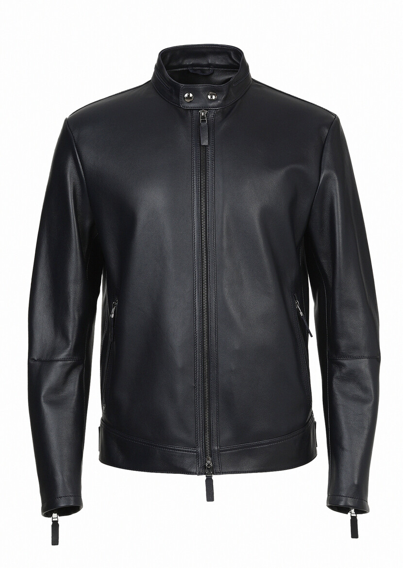Navy Blue Regular Fit Turtleneck Casual Leather Leather Coat - 7