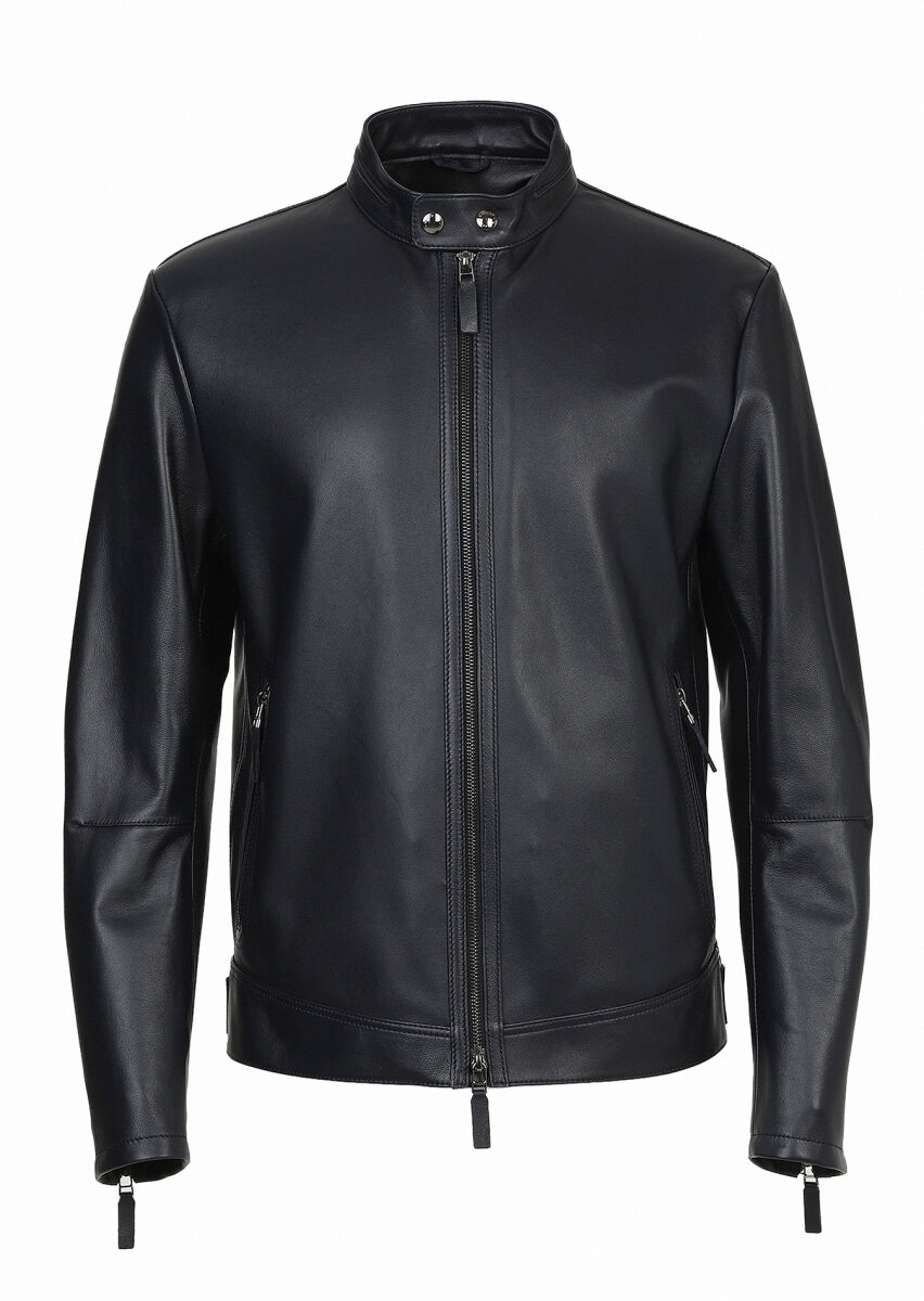 Navy Blue Regular Fit Turtleneck Casual Leather Leather Coat - 7