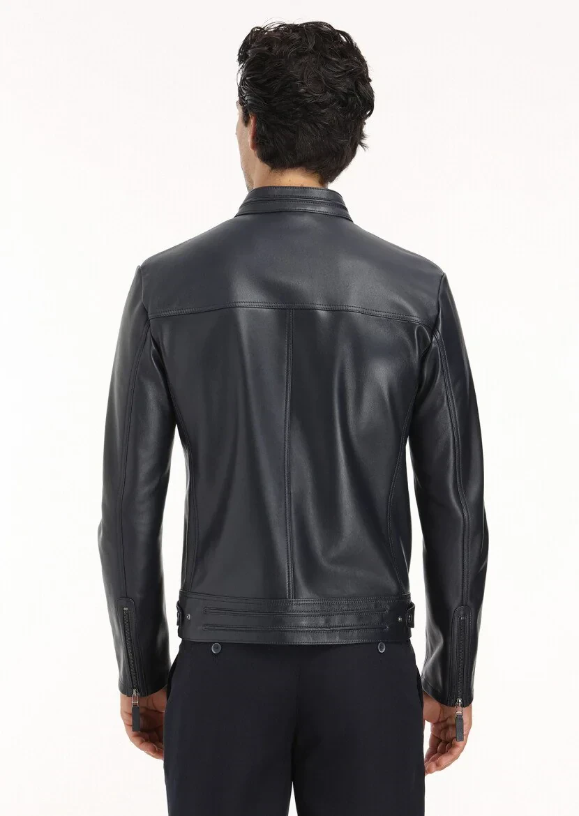 Navy Blue Regular Fit Turtleneck Casual Leather Leather Coat - 6
