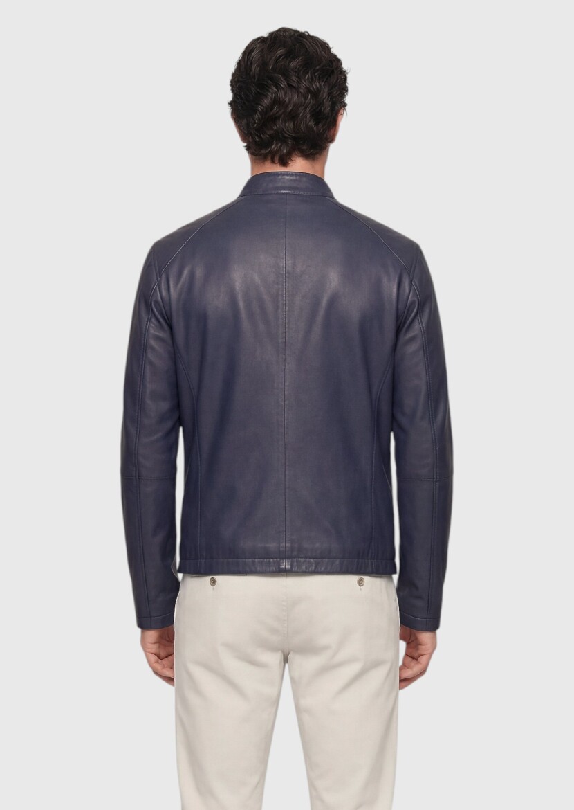 Navy Blue Regular Fit Turtleneck Casual Suede Double-Sided Leather Coat - 5