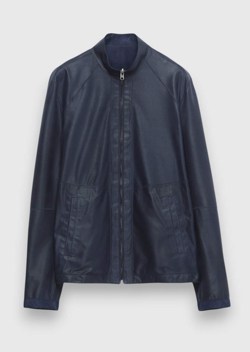 Navy Blue Regular Fit Turtleneck Casual Suede Double-Sided Leather Coat - 7