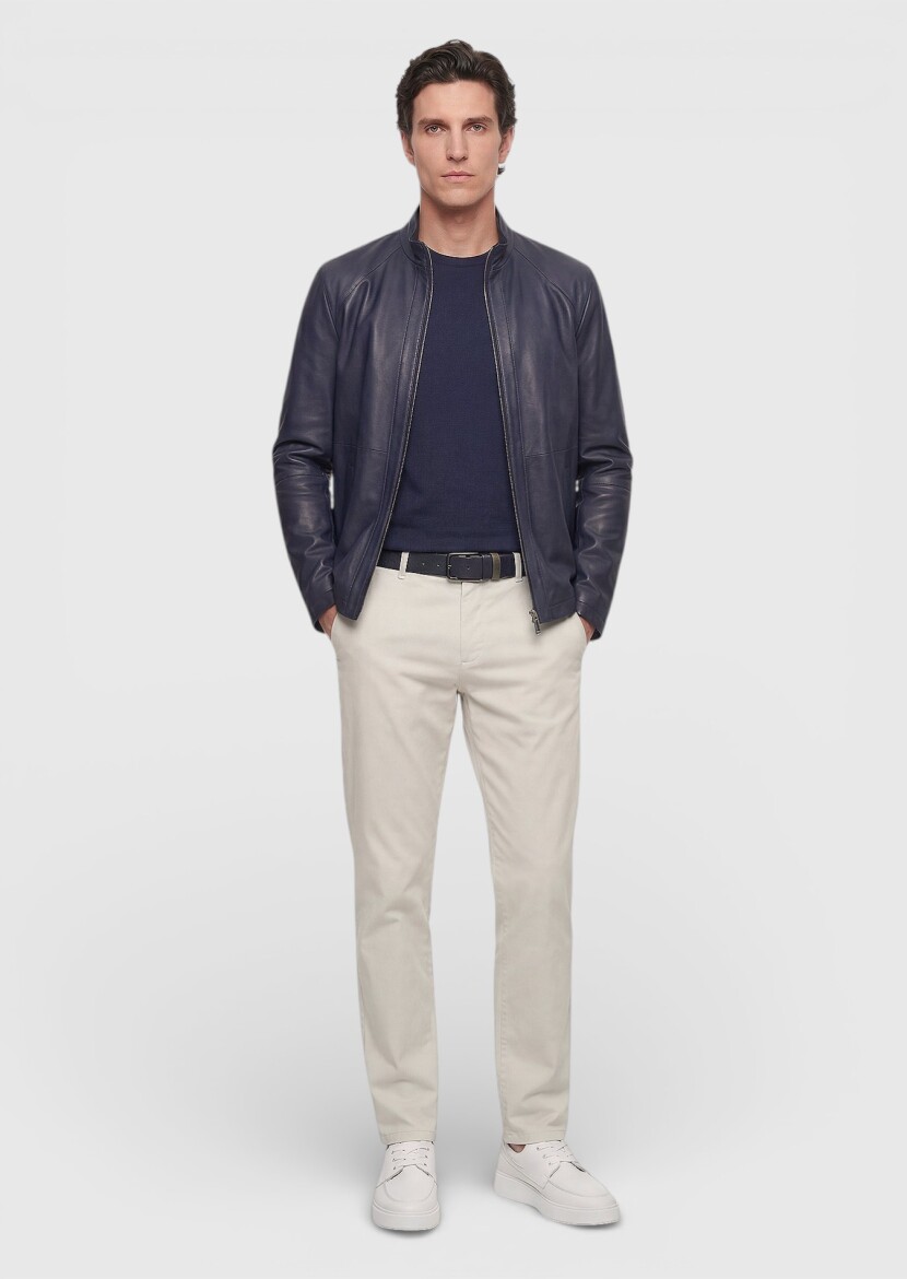 Navy Blue Regular Fit Turtleneck Casual Suede Double-Sided Leather Coat - 3