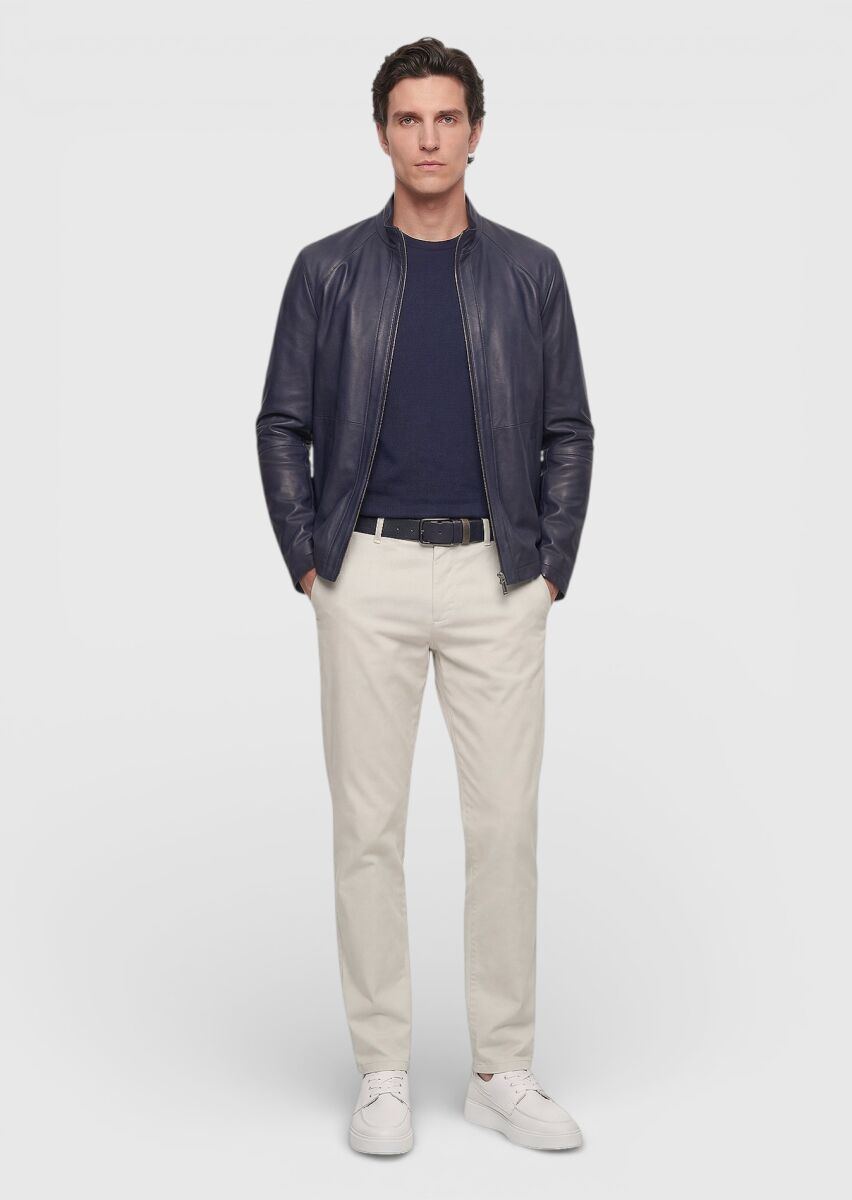 Navy Blue Regular Fit Turtleneck Casual Suede Double-Sided Leather Coat - 3