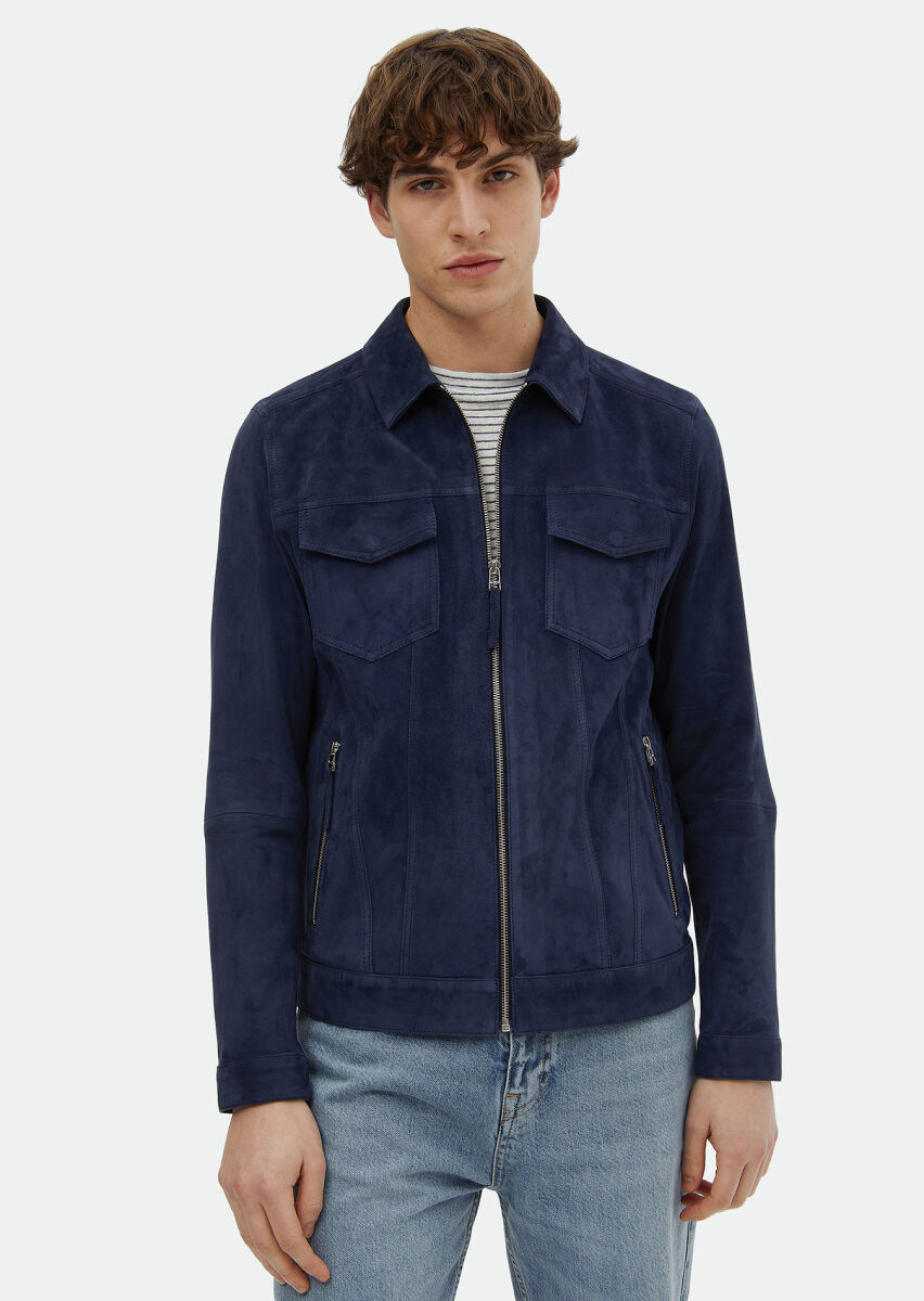 Navy Blue Regular Fit Turtleneck Casual Suede Leather Coat - 3