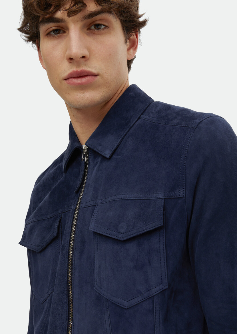Navy Blue Regular Fit Turtleneck Casual Suede Leather Coat - 4