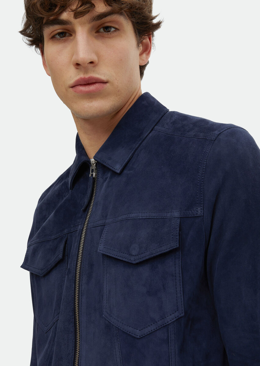 Navy Blue Regular Fit Turtleneck Casual Suede Leather Coat - 4