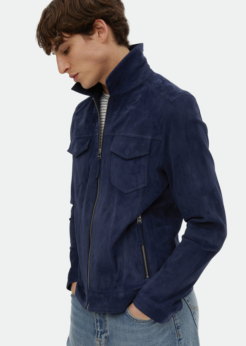 Navy Blue Regular Fit Turtleneck Casual Suede Leather Coat - 5