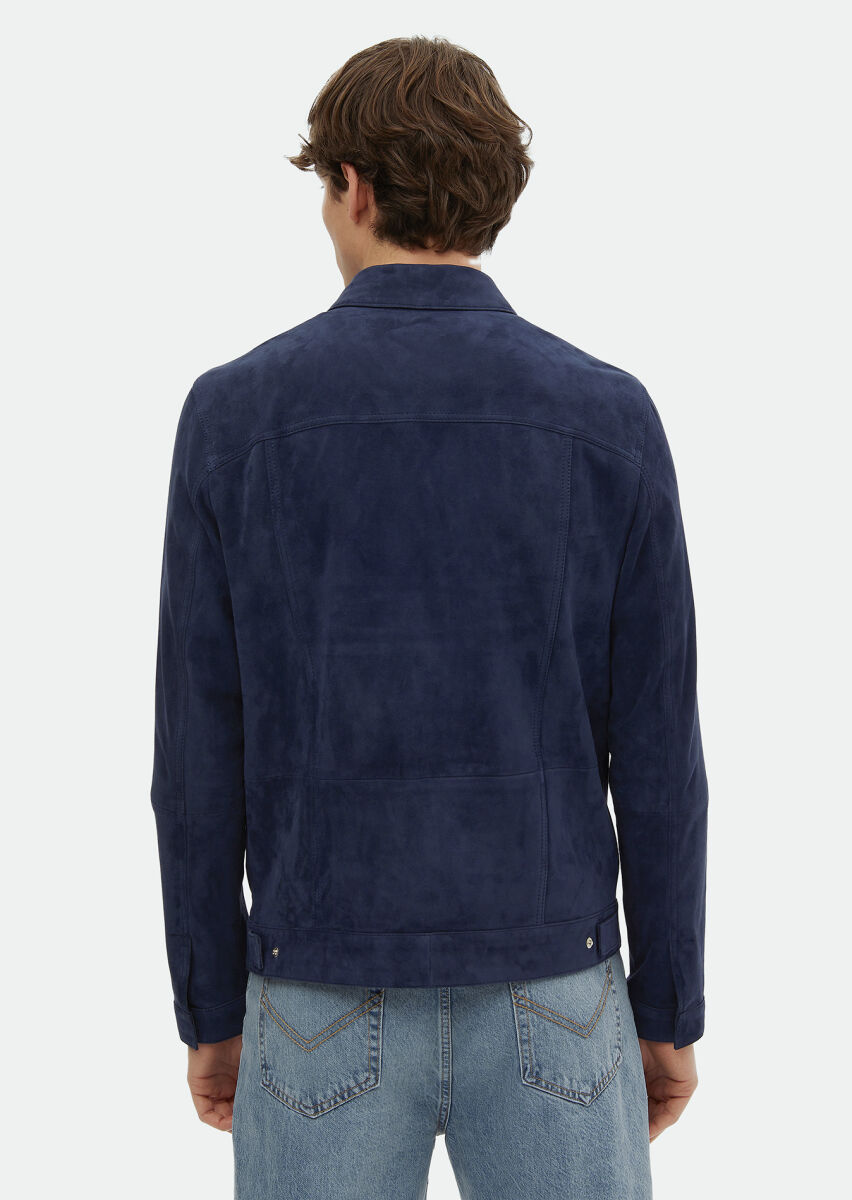 Navy Blue Regular Fit Turtleneck Casual Suede Leather Coat - 6