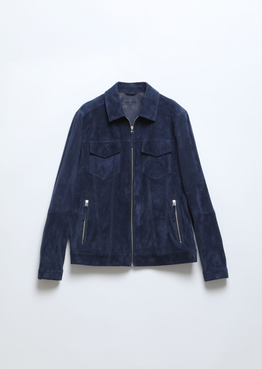 Navy Blue Regular Fit Turtleneck Casual Suede Leather Coat - 7