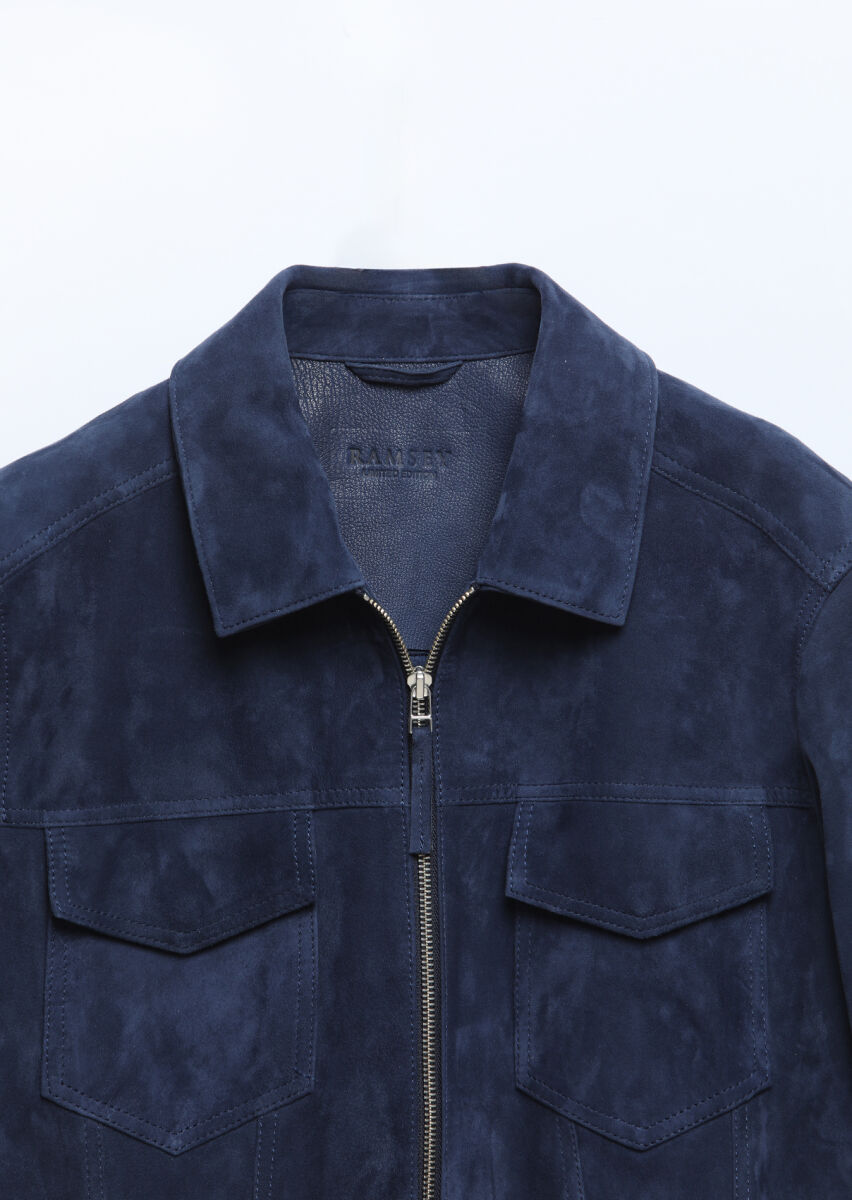 Navy Blue Regular Fit Turtleneck Casual Suede Leather Coat - 8