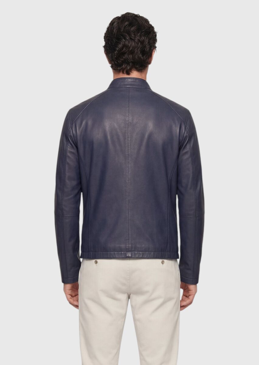 Navy Blue Regular Fit Turtleneck Casual Suede Leather Coat - 5