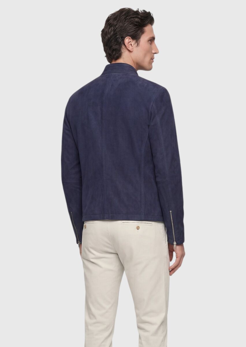 Navy Blue Regular Fit Turtleneck Casual Suede Leather Coat - 6