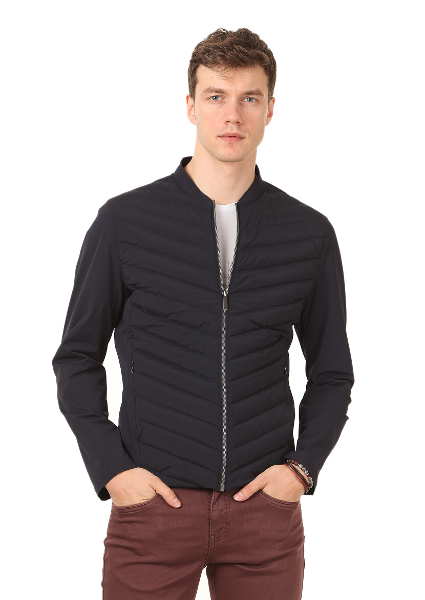 Navy Blue Regular Fit Turtleneck Casual Weaving Coat - 1