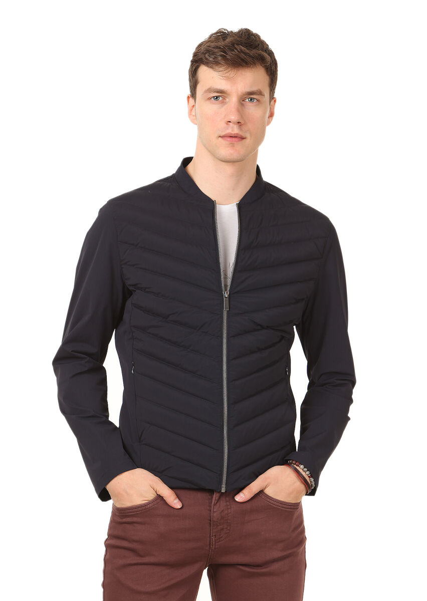 Navy Blue Regular Fit Turtleneck Casual Weaving Coat - 1