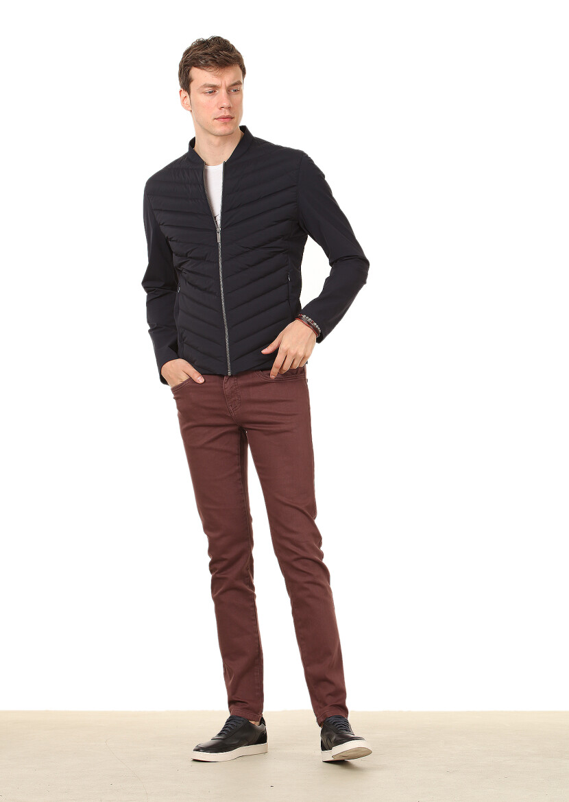 Navy Blue Regular Fit Turtleneck Casual Weaving Coat - 3