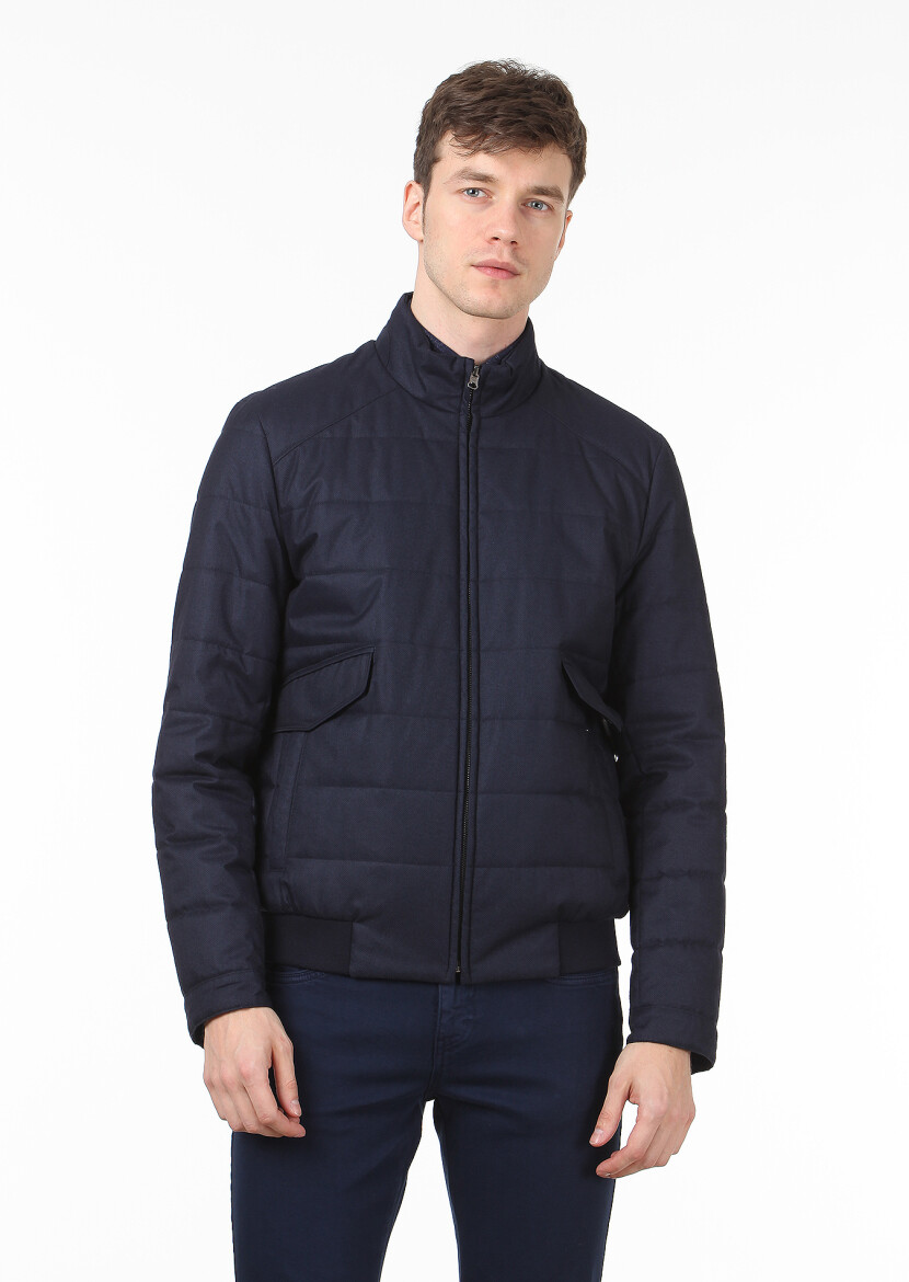 Navy Blue Regular Fit Turtleneck Casual Weaving Coat - 1