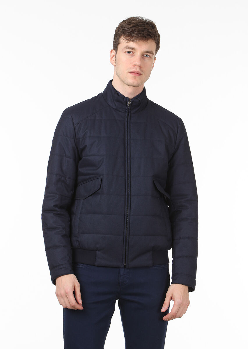 Navy Blue Regular Fit Turtleneck Casual Weaving Coat - 1