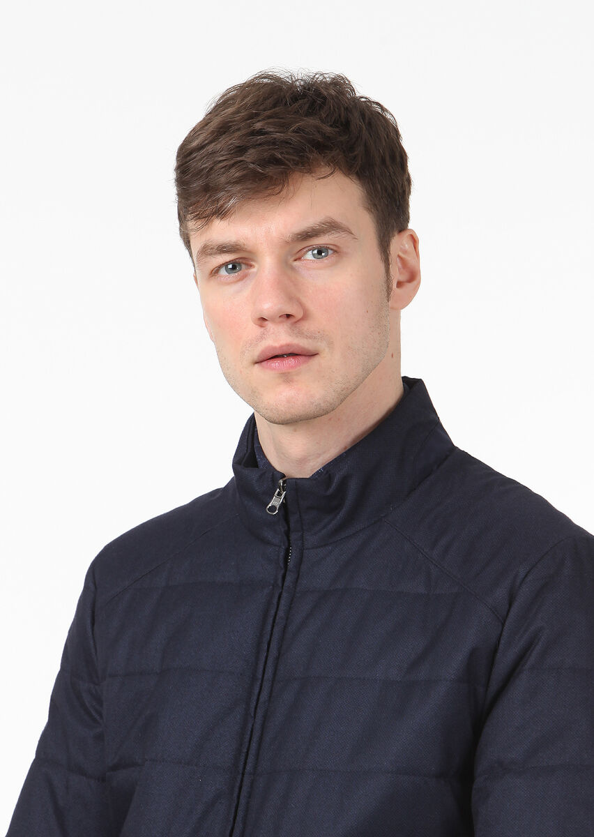 Navy Blue Regular Fit Turtleneck Casual Weaving Coat - 2