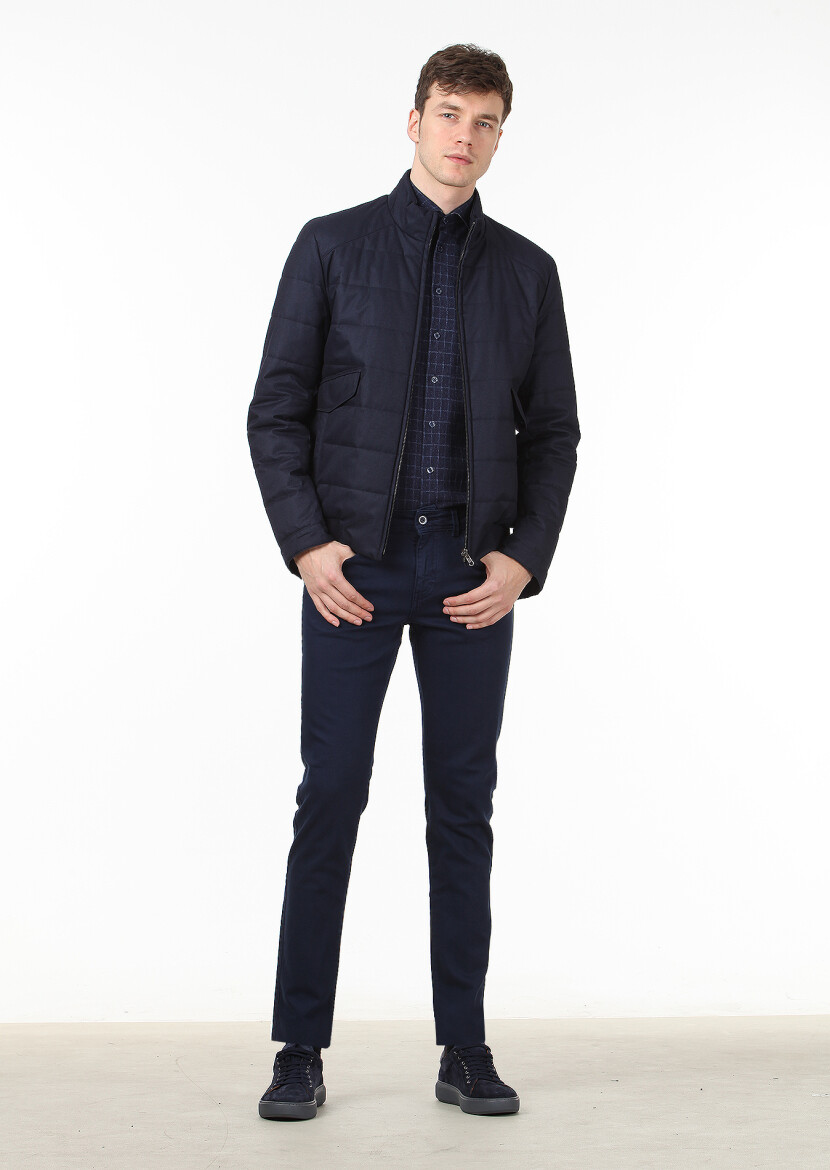 Navy Blue Regular Fit Turtleneck Casual Weaving Coat - 3