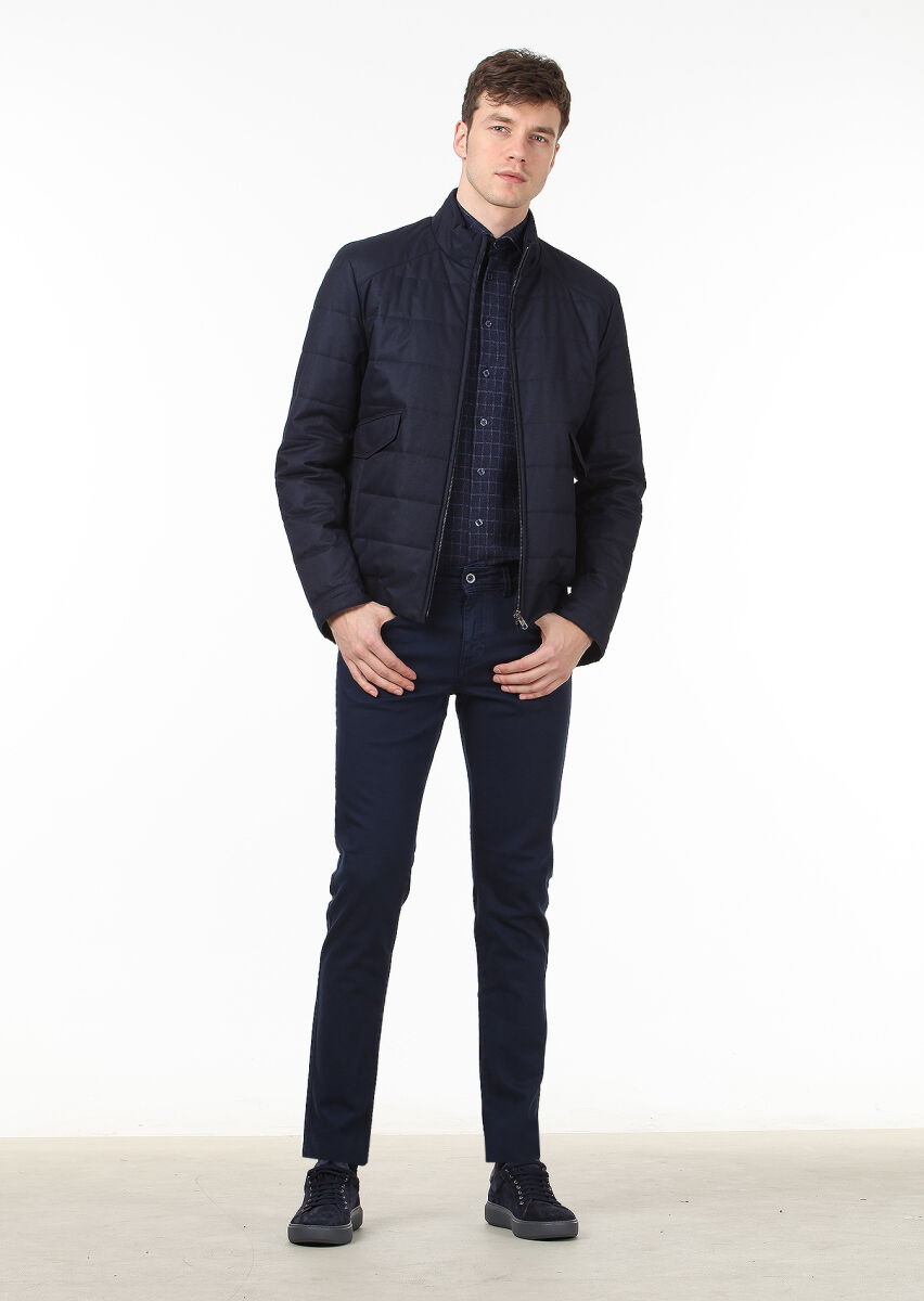 Navy Blue Regular Fit Turtleneck Casual Weaving Coat - 3