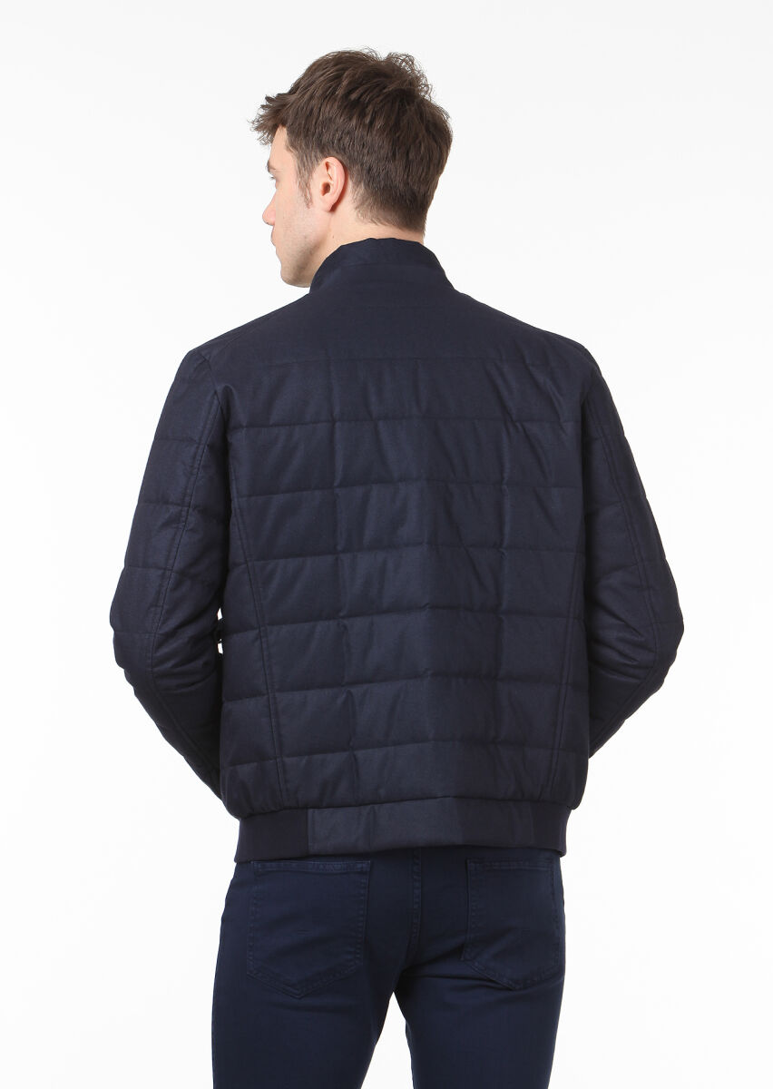 Navy Blue Regular Fit Turtleneck Casual Weaving Coat - 4