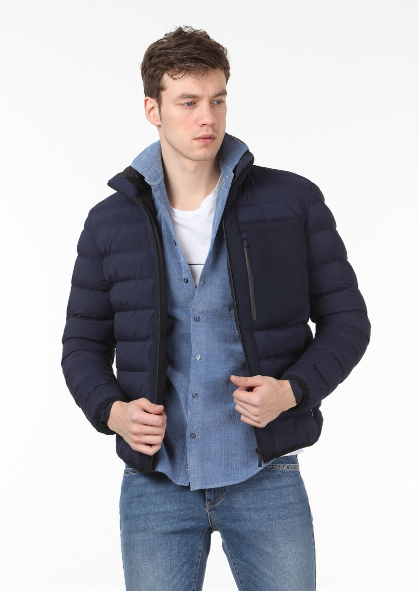 Navy Blue Regular Fit Turtleneck Casual Weaving Coat - 1