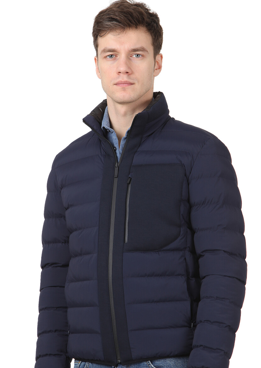 Navy Blue Regular Fit Turtleneck Casual Weaving Coat - 2