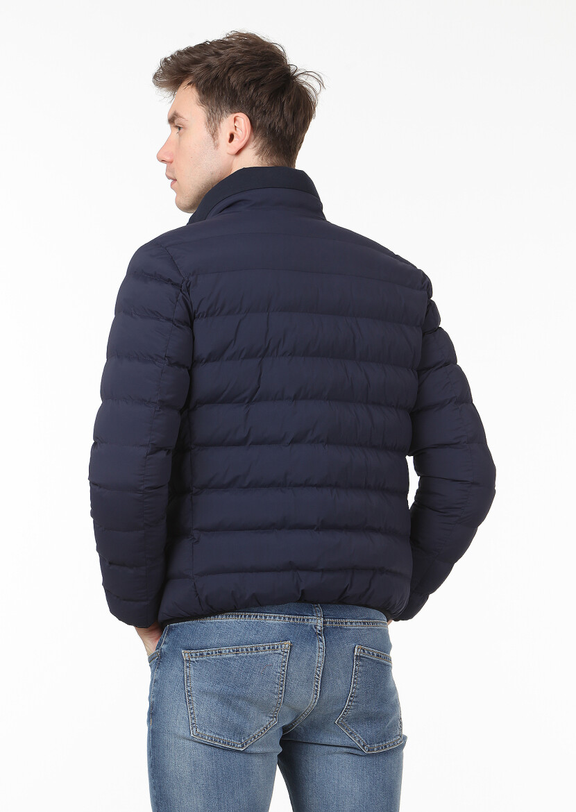 Navy Blue Regular Fit Turtleneck Casual Weaving Coat - 4
