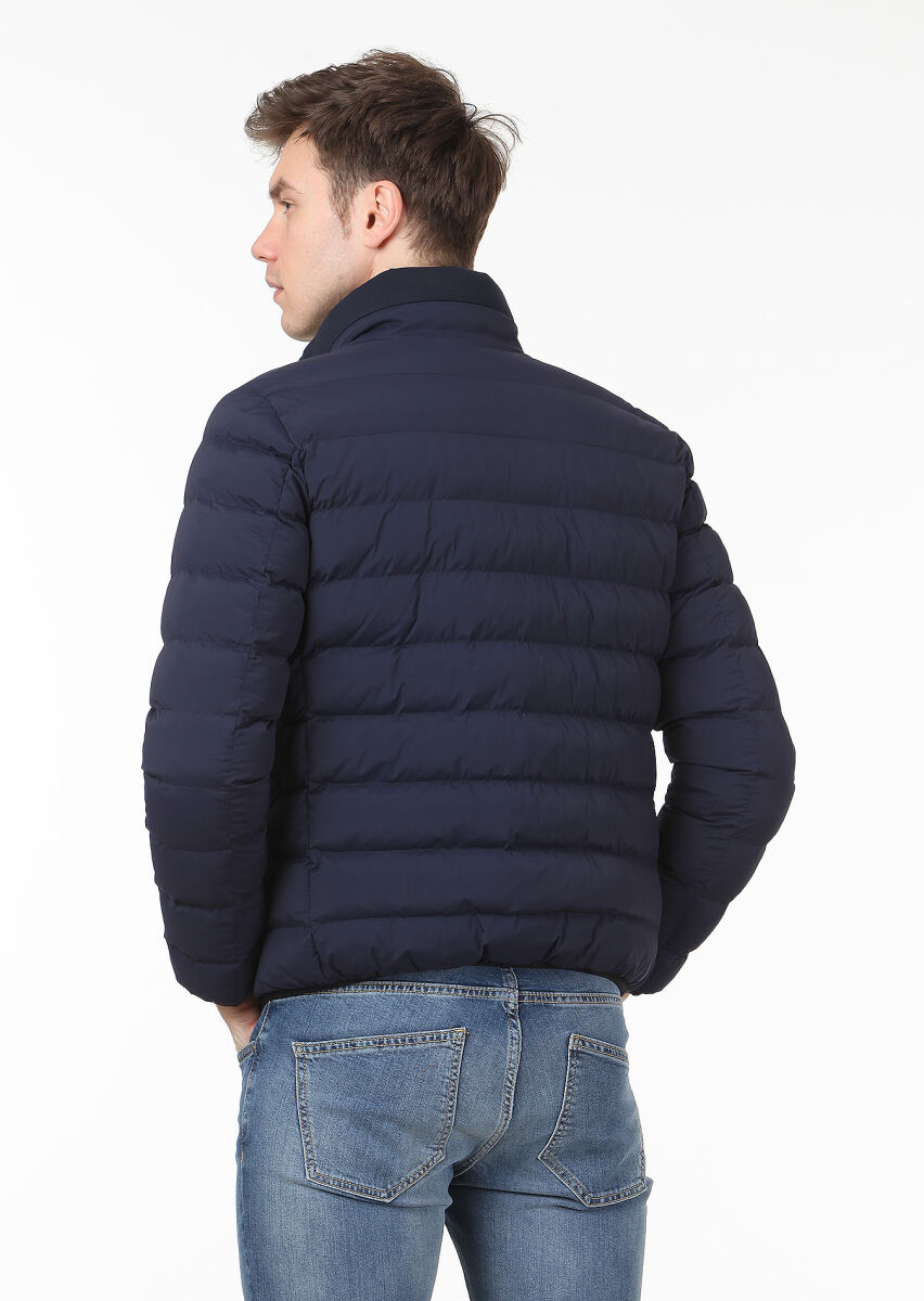 Navy Blue Regular Fit Turtleneck Casual Weaving Coat - 4