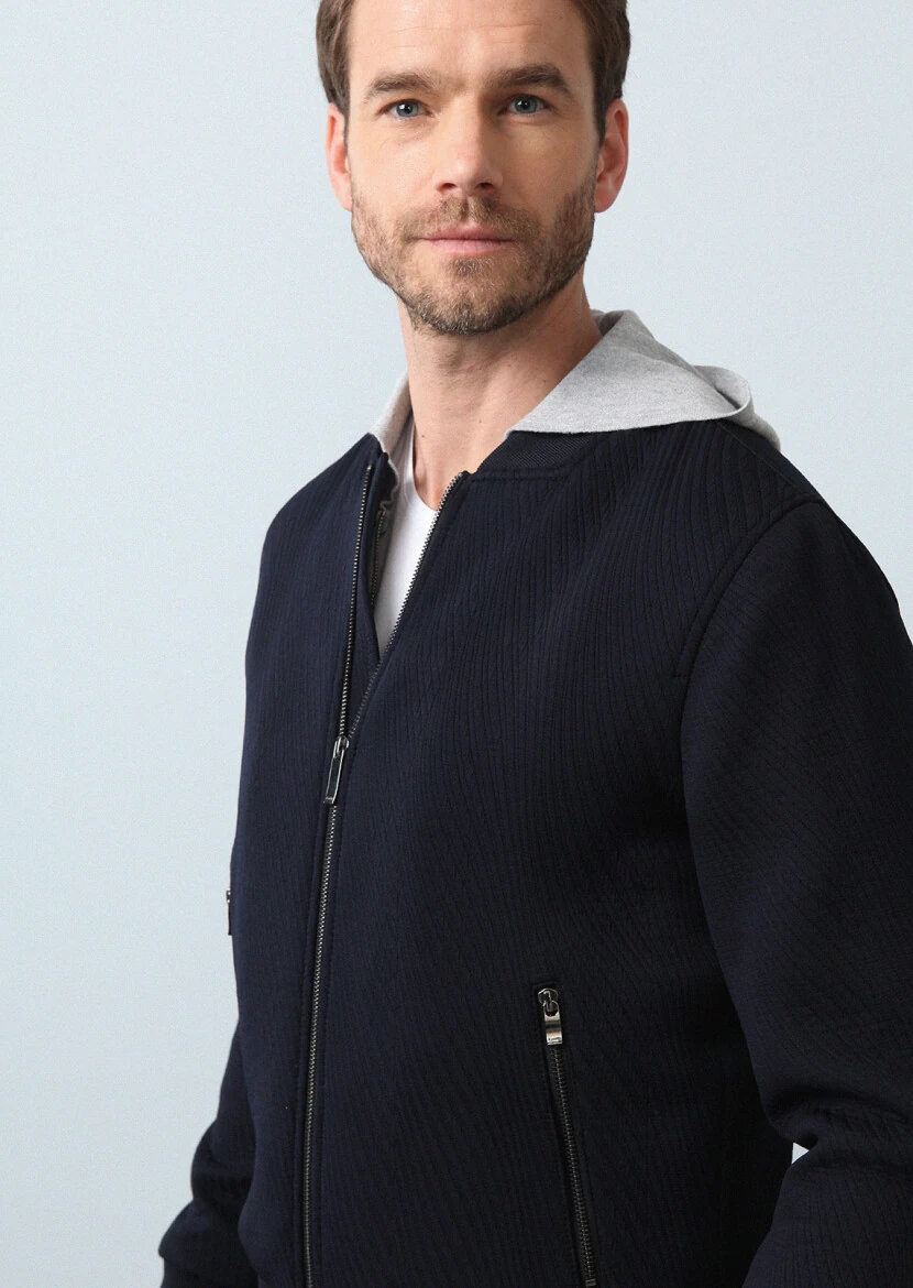 Navy Blue Regular Fit Turtleneck Casual Weaving Coat - 2