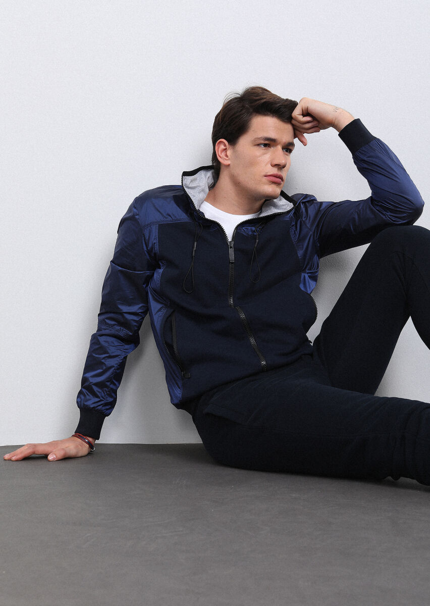 Navy Blue Regular Fit Turtleneck Casual Weaving Coat - 2