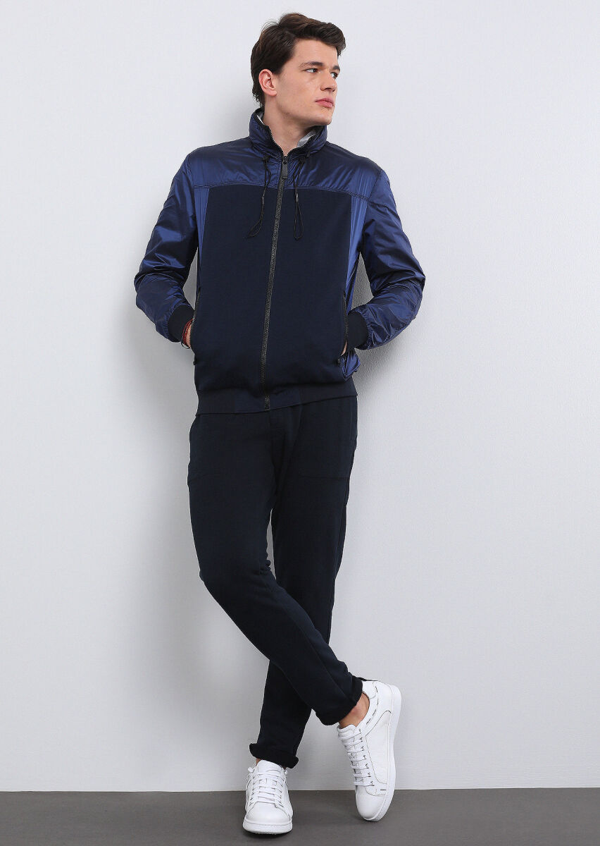 Navy Blue Regular Fit Turtleneck Casual Weaving Coat - 3