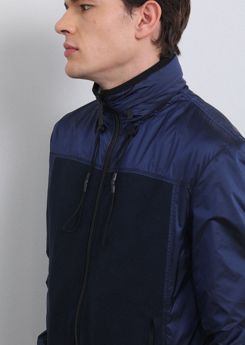 Navy Blue Regular Fit Turtleneck Casual Weaving Coat - 4