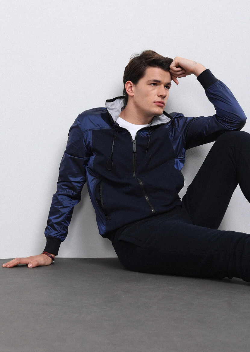 Navy Blue Regular Fit Turtleneck Casual Weaving Coat - 2