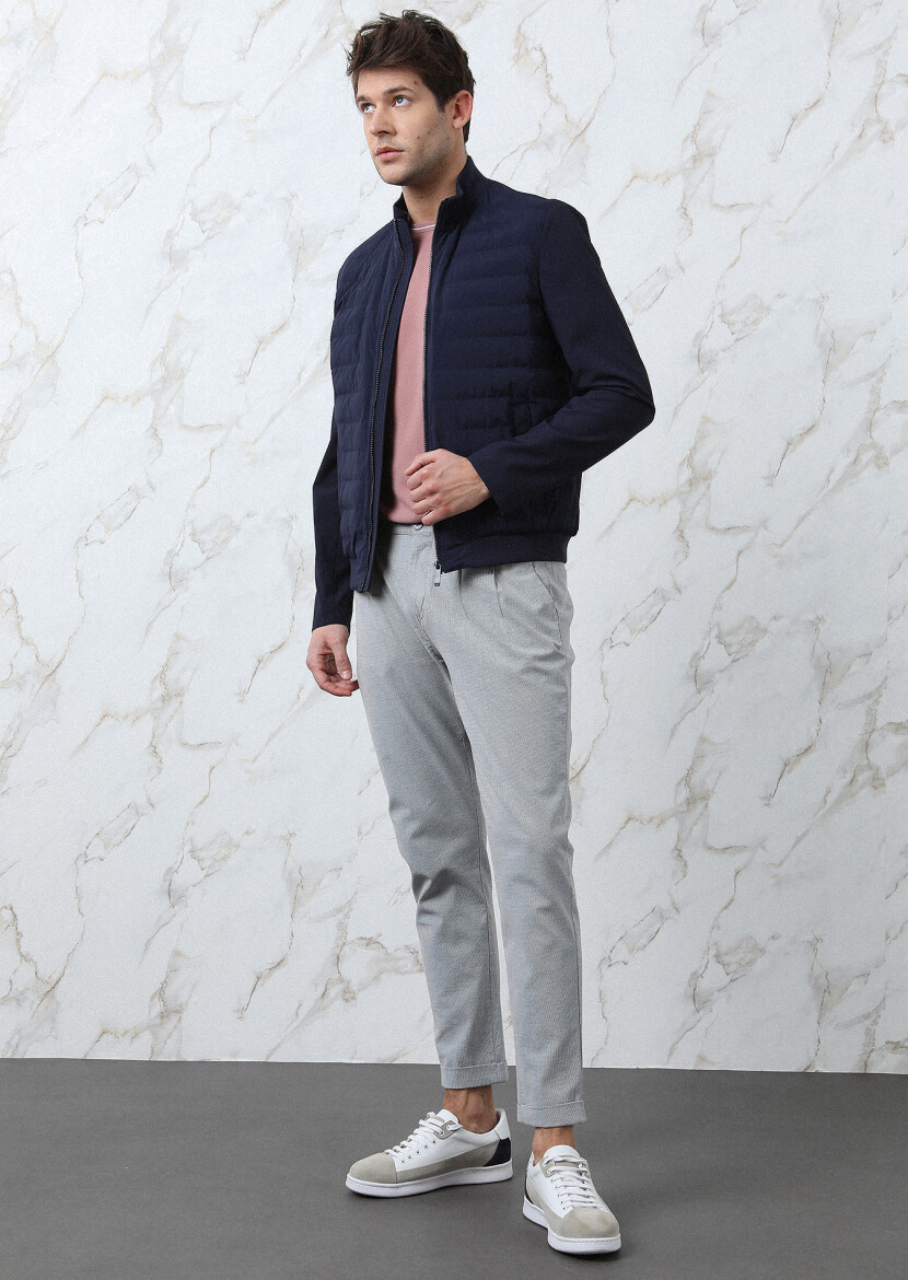 Navy Blue Regular Fit Turtleneck Casual Weaving Coat - 1