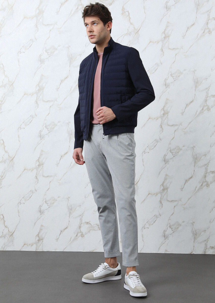 Navy Blue Regular Fit Turtleneck Casual Weaving Coat - 1