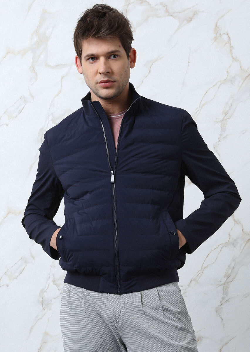 Navy Blue Regular Fit Turtleneck Casual Weaving Coat - 2