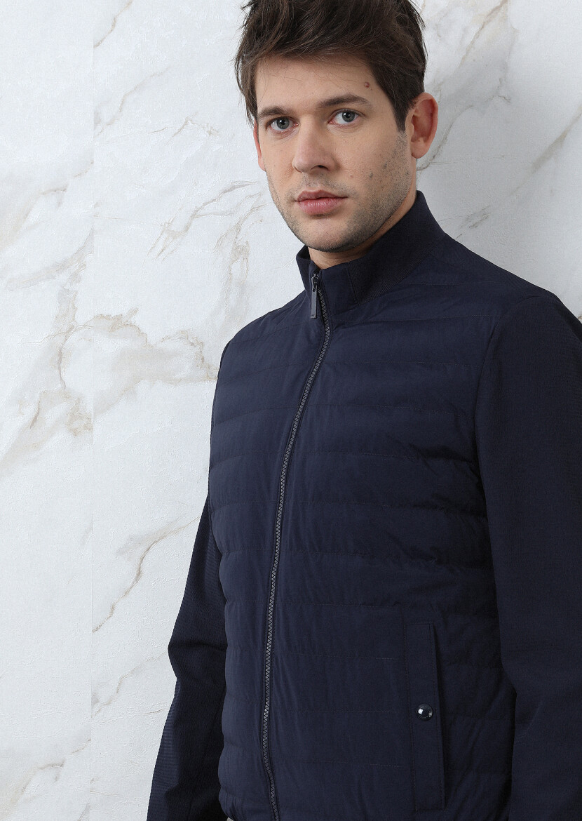 Navy Blue Regular Fit Turtleneck Casual Weaving Coat - 3