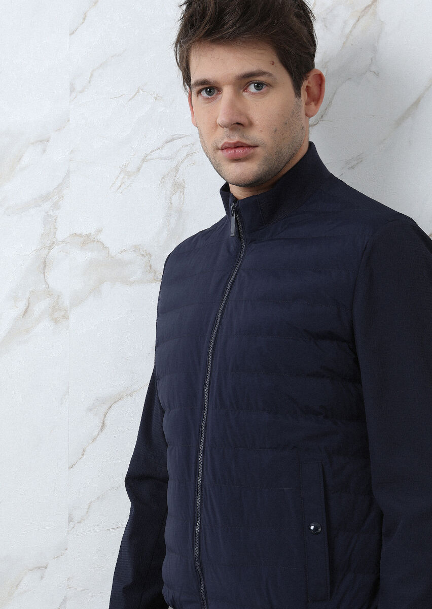 Navy Blue Regular Fit Turtleneck Casual Weaving Coat - 3