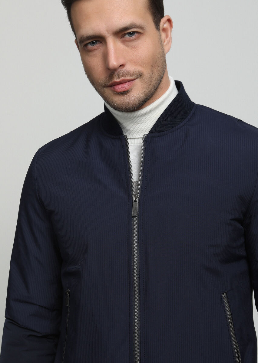 Navy Blue Regular Fit Turtleneck Casual Weaving Coat - 2