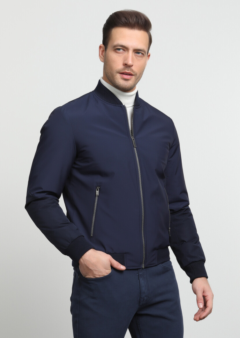 Navy Blue Regular Fit Turtleneck Casual Weaving Coat - 3