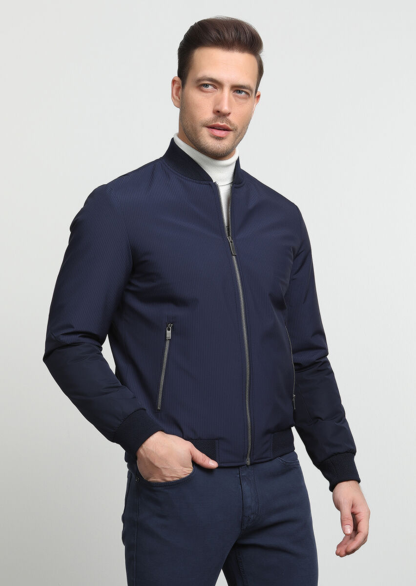 Navy Blue Regular Fit Turtleneck Casual Weaving Coat - 3