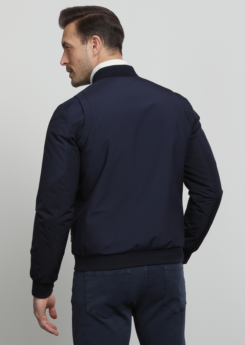 Navy Blue Regular Fit Turtleneck Casual Weaving Coat - 4
