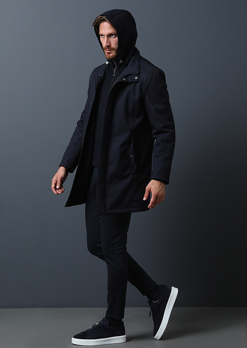 Navy Blue Regular Fit Turtleneck Casual Weaving Coat - 2