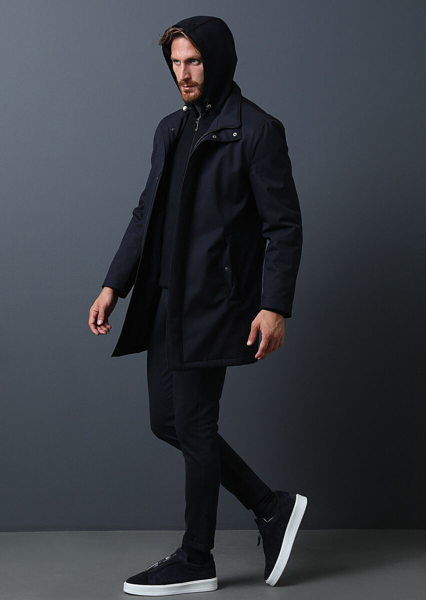 Navy Blue Regular Fit Turtleneck Casual Weaving Coat - 2