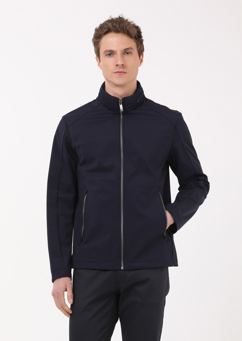 Navy Blue Regular Fit Turtleneck Casual Weaving Coat - 1