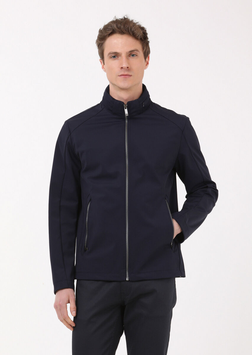 Navy Blue Regular Fit Turtleneck Casual Weaving Coat - 1