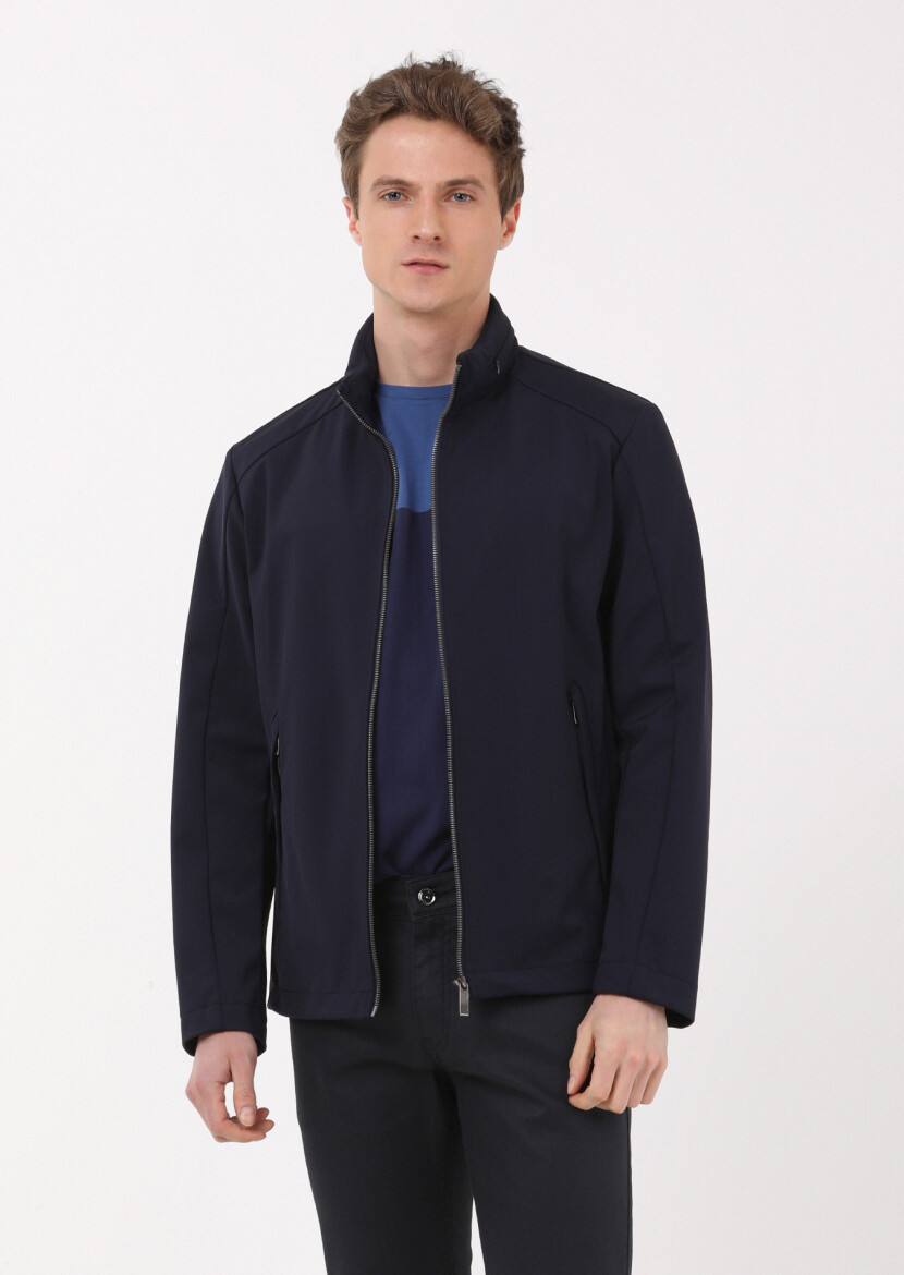 Navy Blue Regular Fit Turtleneck Casual Weaving Coat - 2